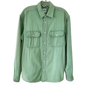 Zara Womens Chambray Shirt Green Button Up Utility Pockets Long Sleeve S